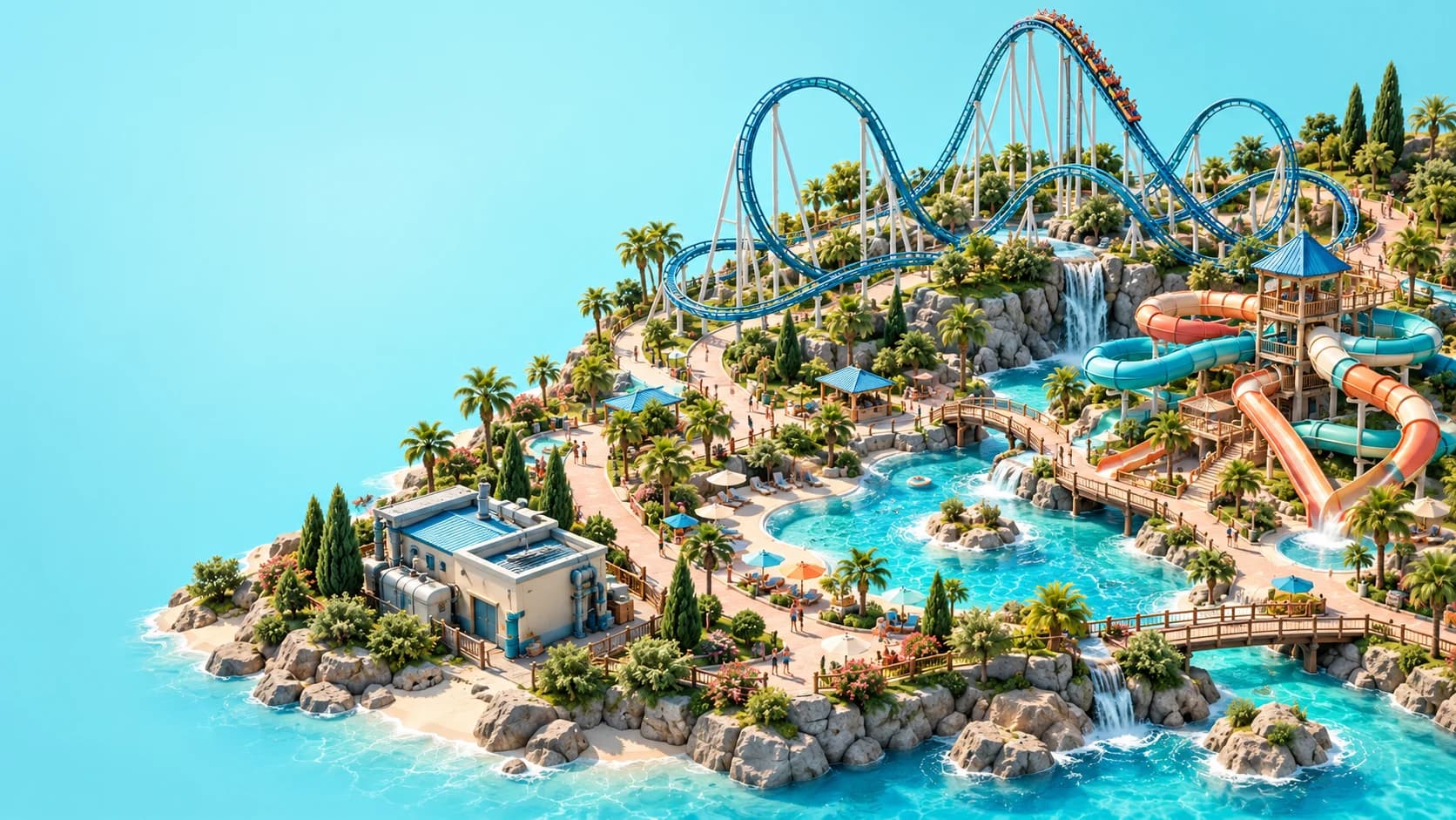 Original editorial illustration of a theme park and water park